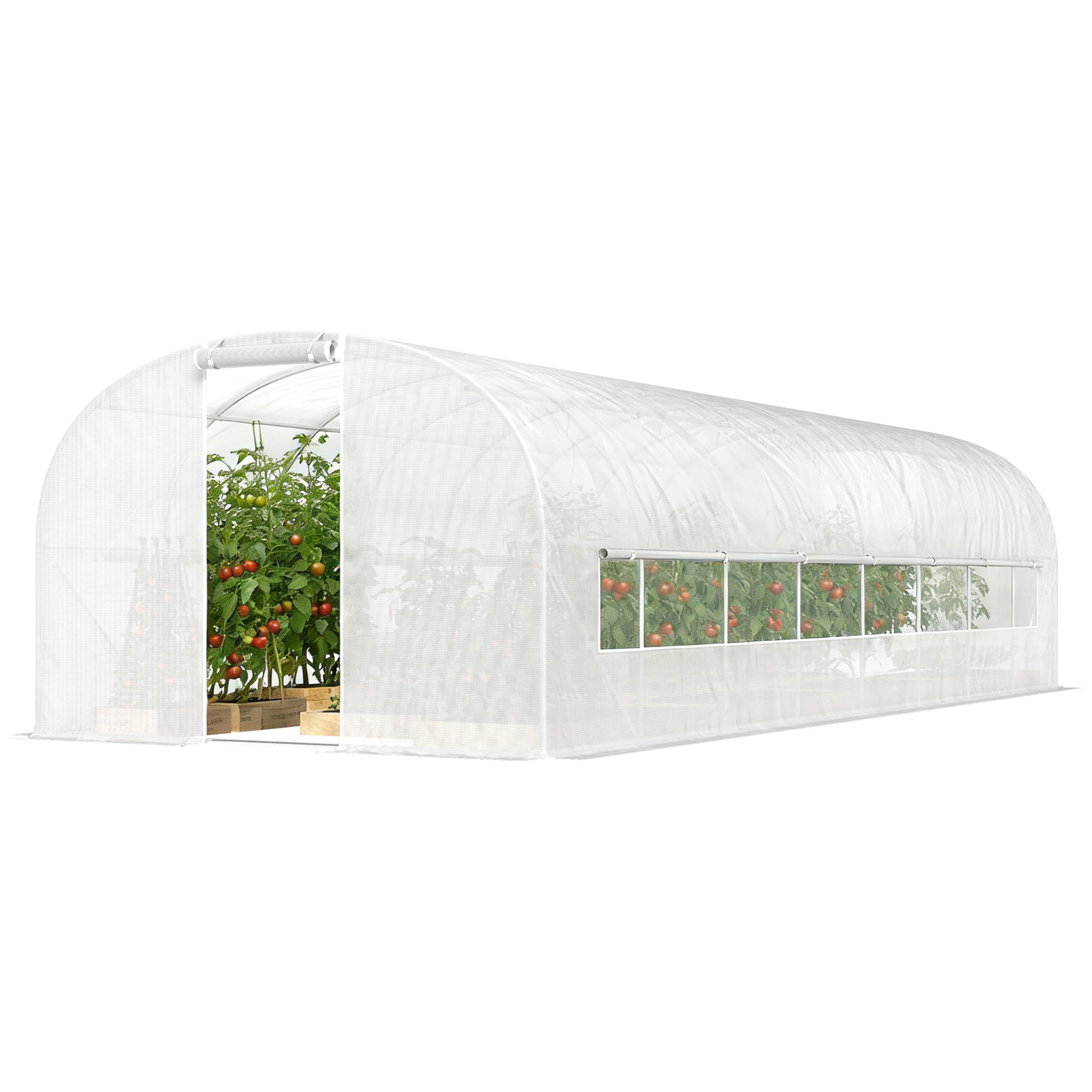 Serre tunnel de jardin 24m² 2 grandes fenêtres bâche PE 140 g/m² blanc