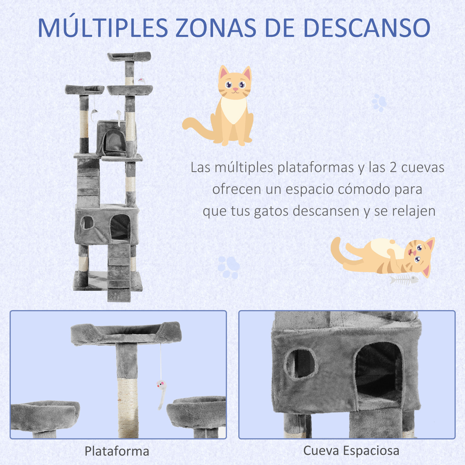 Árbol Rascador para Gatos Grande 49x49x173 cm con Múltiples Niveles con Cuevas Escaleras Juguetes Colgantes Camas Centro Actividades Sisal Gris