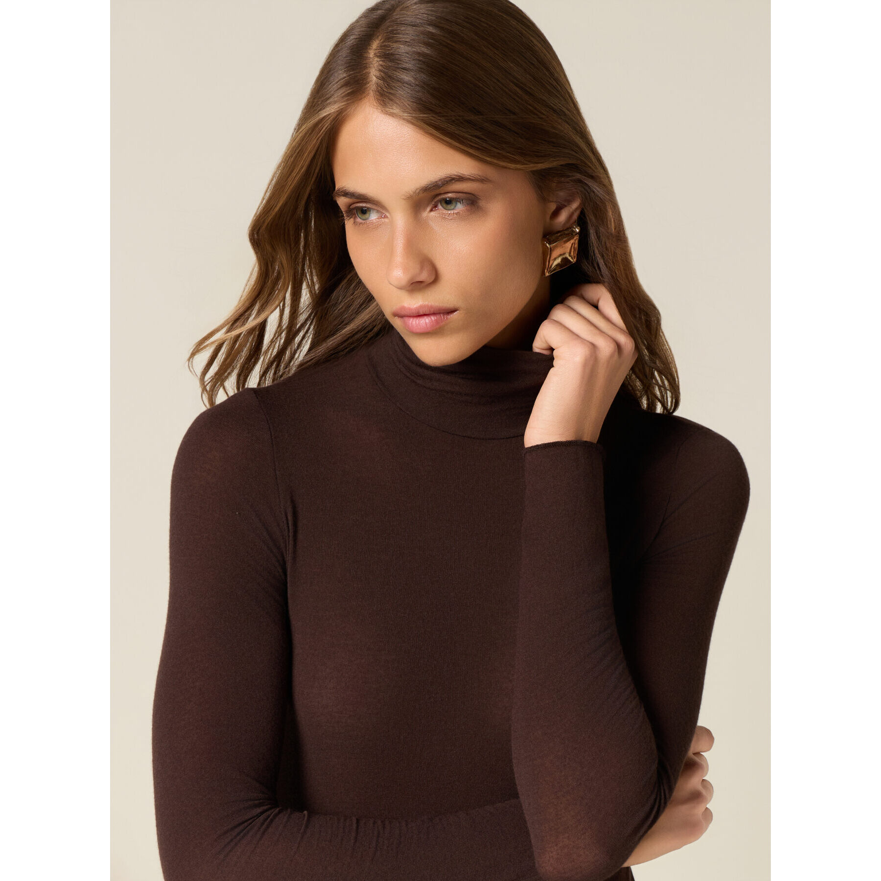 Oltre - Camiseta cuello alto mezcla modal - Marrón