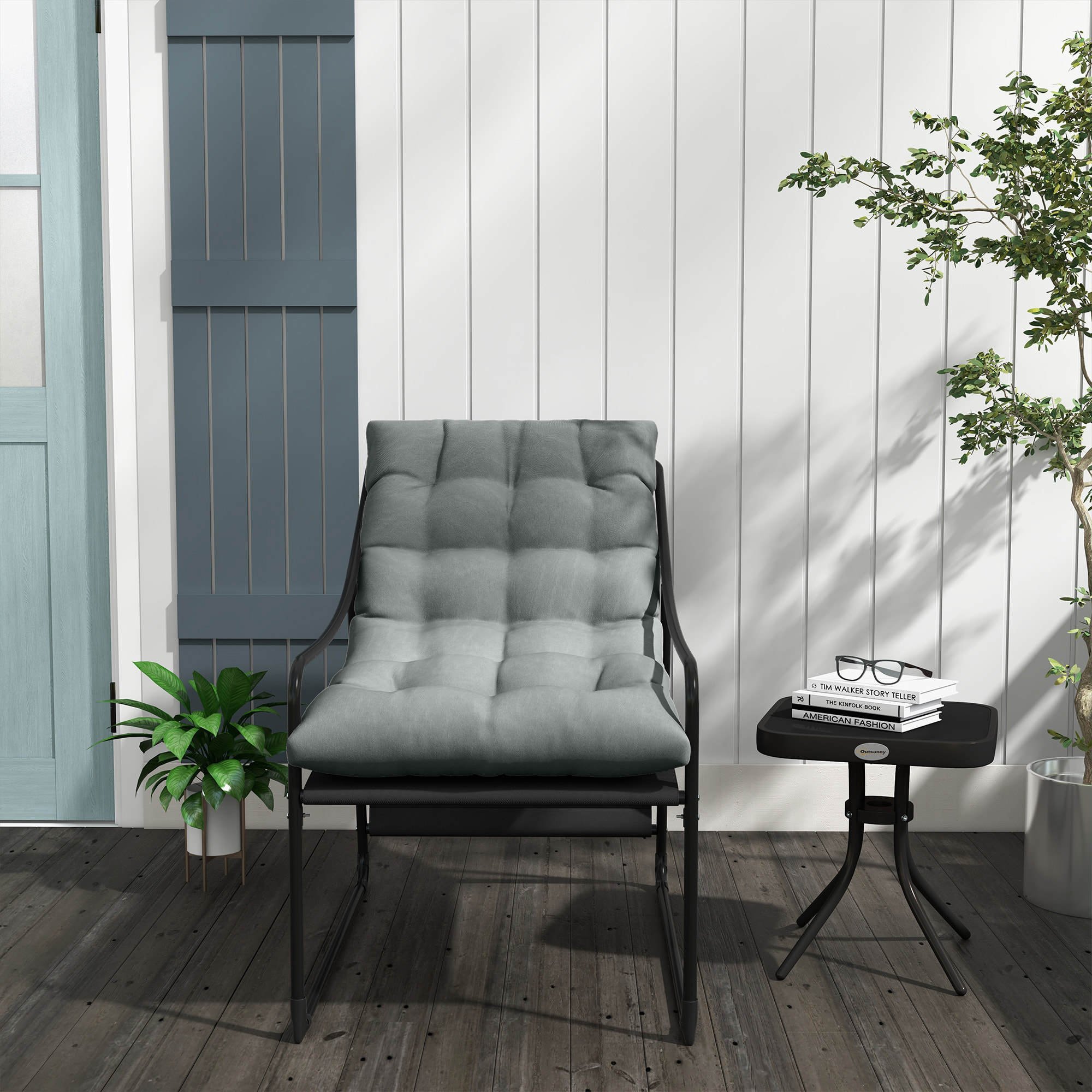 Fauteuil lounge de jardin avec coussin acier époxy polyester gris noir