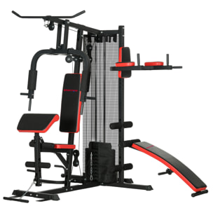 Station de musculation - banc, développé couché, butterfly, barre latissimus et traction, curler, bande résistance, 10 contrepoids - acier noir rouge