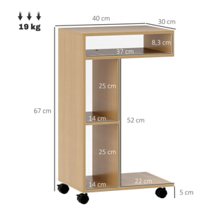 Mesa Auxiliar Multifuncional en Forma de C Mesa Auxiliar para Sofá con Ruedas Compartimentos Abiertos Mesa Auxiliar para Salón Dormitorio Oficina 40x30x69 cm Roble