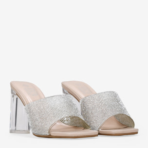 Sandalias de fiesta destalonadas brillantes con tacón transparente