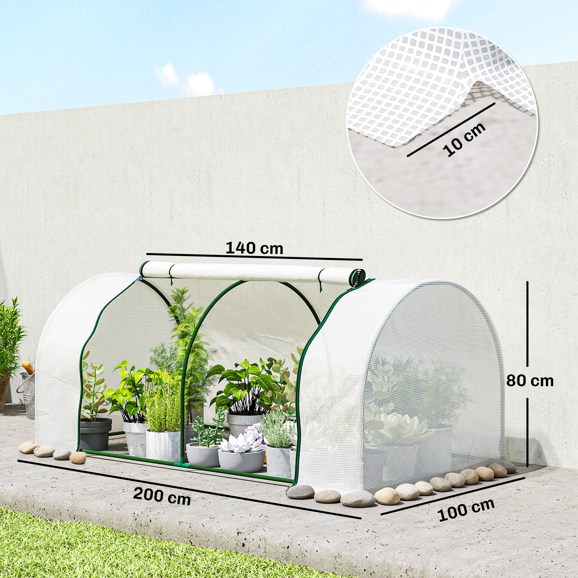 Serre tunnel porte zippée enroulable bâche imperméable acier blanc