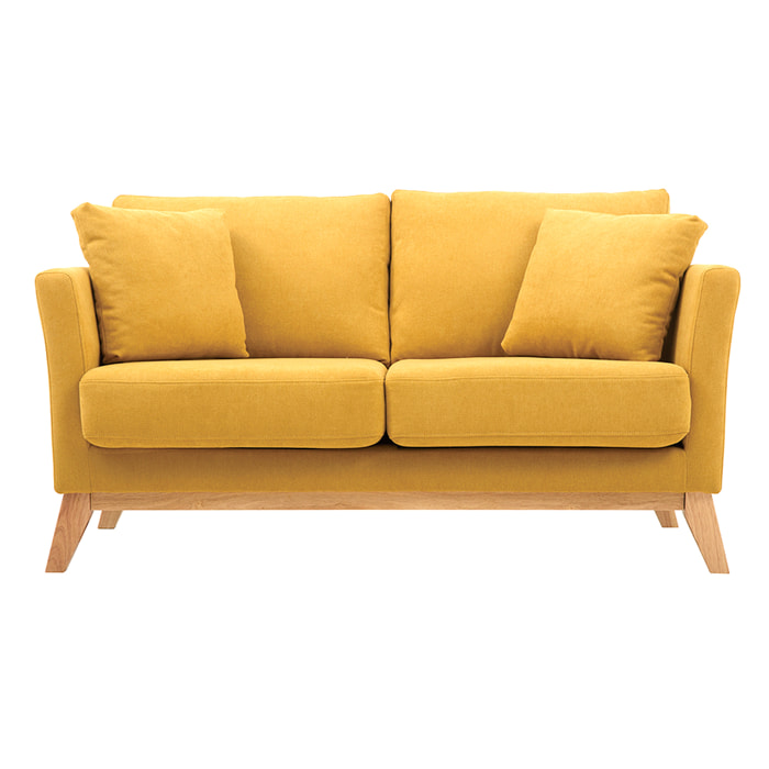 Canapé scandinave déhoussable 2 places en tissu effet velours jaune moutarde et bois clair OSLO