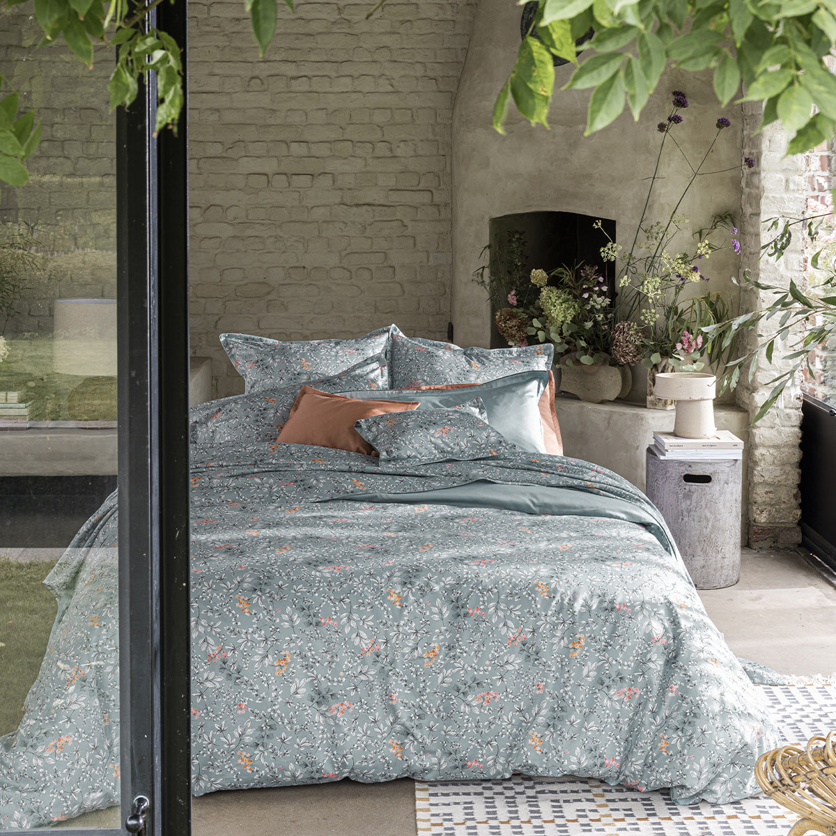 Housse de couette imprimée en satin de coton bio, CUEILLETTE, Bleu baltique