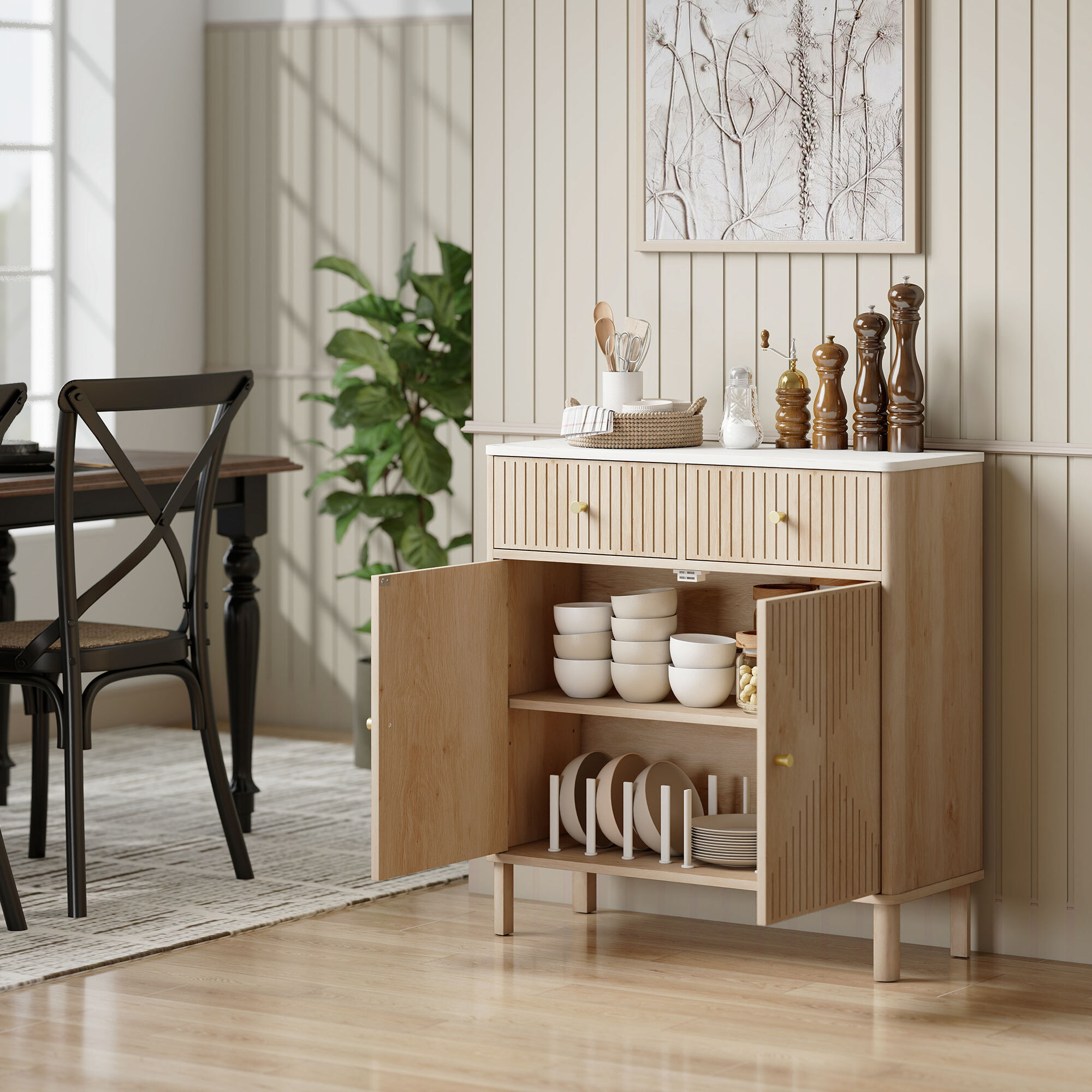 Buffet 2 portes style bois naturel plateau effet marbre blanc dim. 77 x 30 x 80 cm poignées métal doré