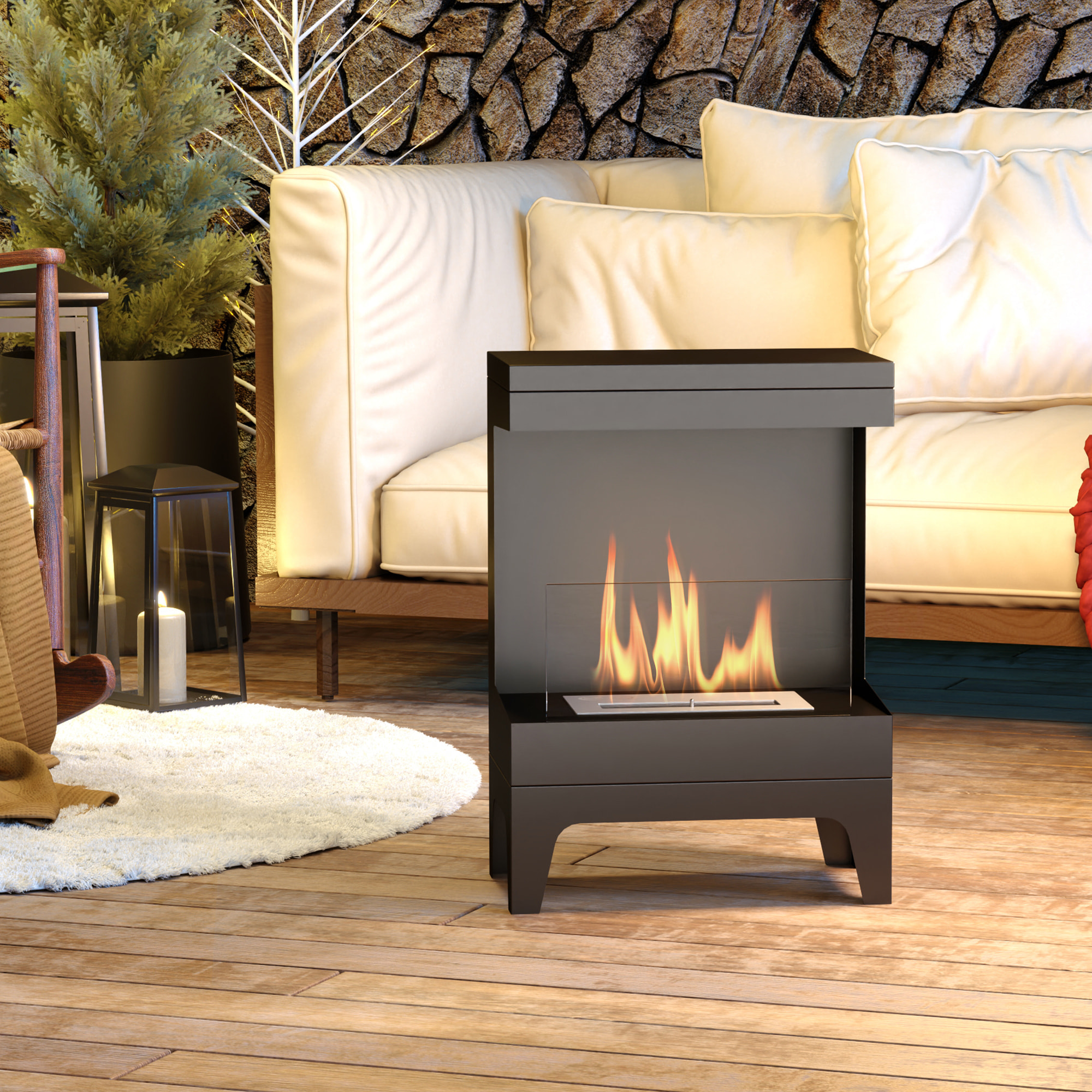 Chimenea de Bioetanol Estufa de Bioetanol de Pie con Tanque de 0,9 L Apagallamas de Acero Inoxidable Tiempo de Combustión 3,3H para Interiores 15-20 m² 38x22x54 cm Negro