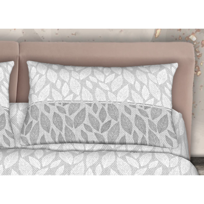 Completo Lenzuola 100% Cotone Effetto Seta Foglie Grigio CN