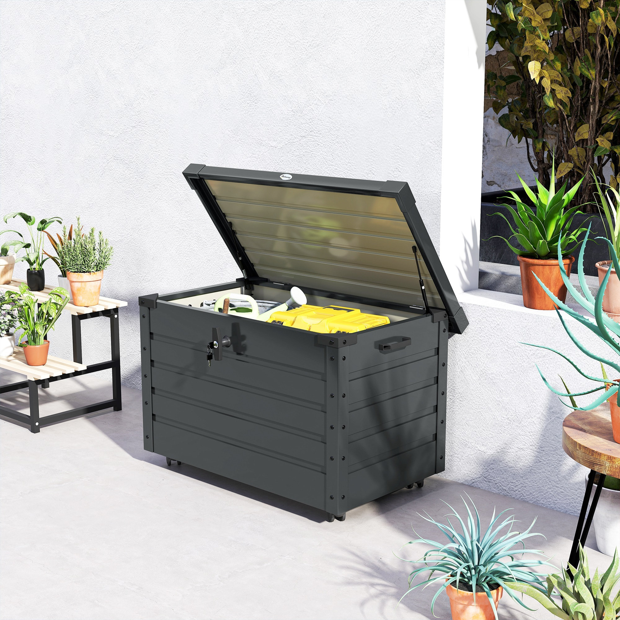 Arcón Exterior Capacidad 295L, Baúl de Almacenaje de Acero Galvanizado con 4 Ruedas, 2 Asas y Tapa con Cerradura, Impermeable, para Jardín, Terraza, Patio, 100x62x65 cm, Gris Oscuro