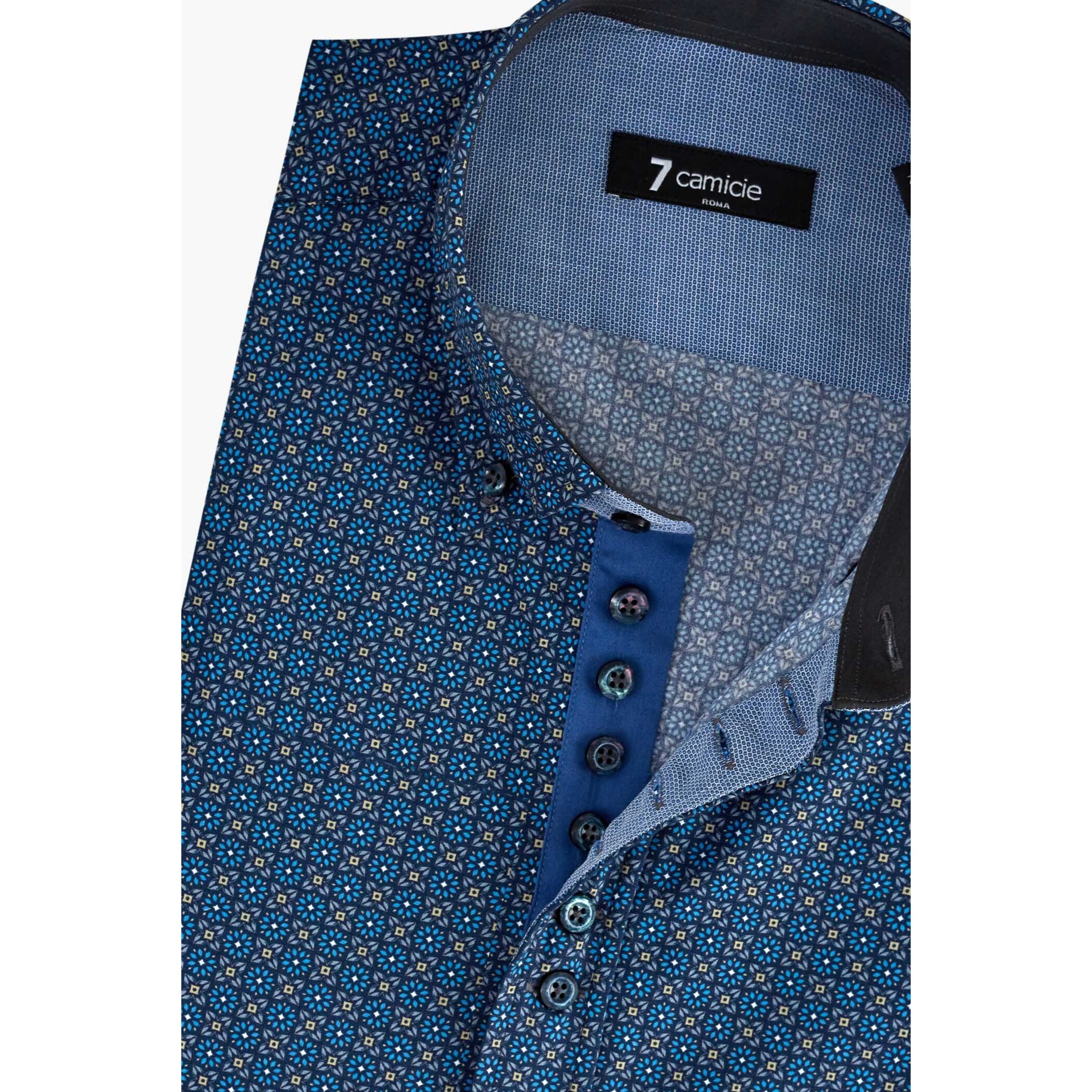 Camicia Uomo 1 Bottoni Button Down Slim Popeline Stampato Blu e Ocra