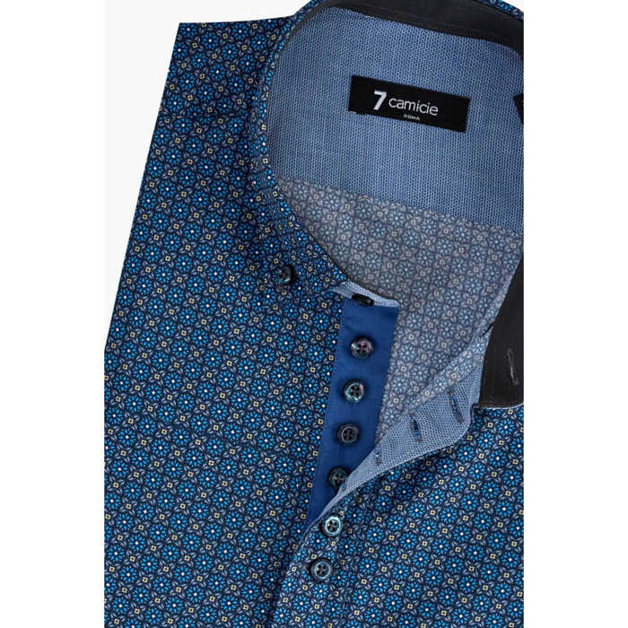 Camicia Uomo 1 Bottoni Button Down Slim Popeline Stampato Blu e Ocra