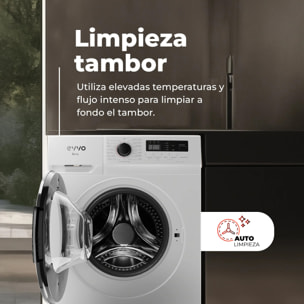 EVVO Lavadora 8 kg carga frontal Terra 8, 1350 rpm, Clase energética A, Motor Inverter, 15 programas, Lavado Rápido 15', Función vapor Steam Wash, Inicio diferido, Blanco