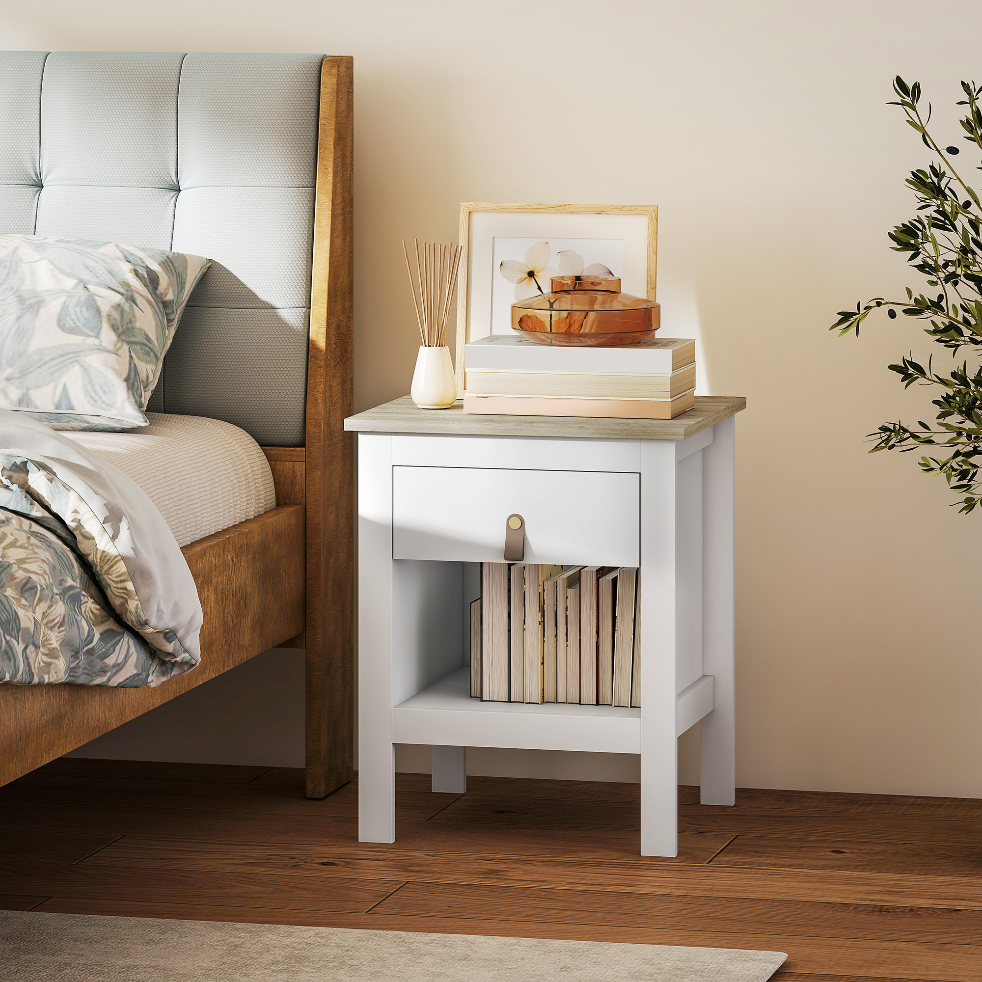 Mesita de Noche Moderna Mesilla de Noche con Cajón Compartimento Abierto Mesa Auxiliar para Salón Dormitorio 45x40x55 cm Blanco