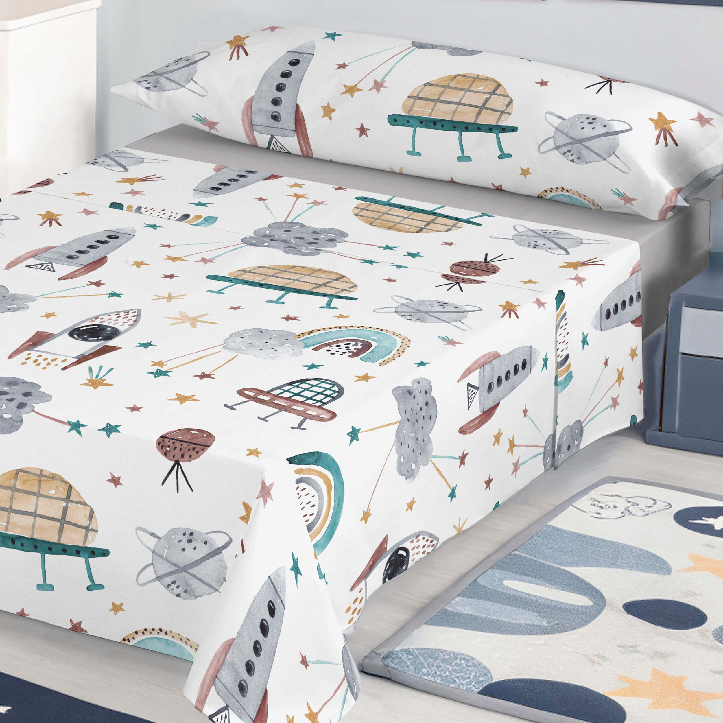 Juego de Sábanas Estampadas - Infantil - 100% Algodón - Incluye 1 Funda de Almohada + 1 Sábana Bajera - Rocket