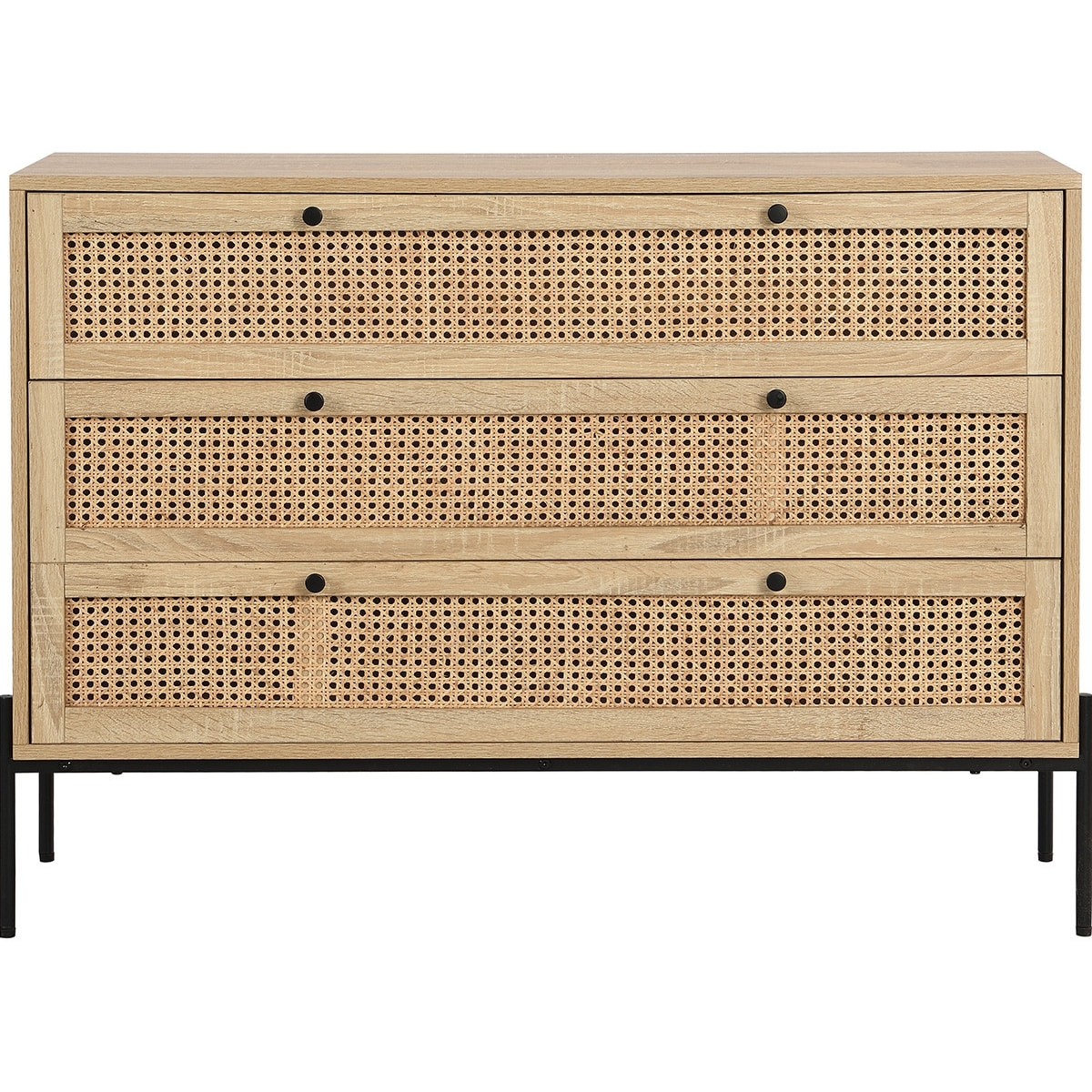 Commode 3 tiroirs en cannage et effet chêne - IRIS
