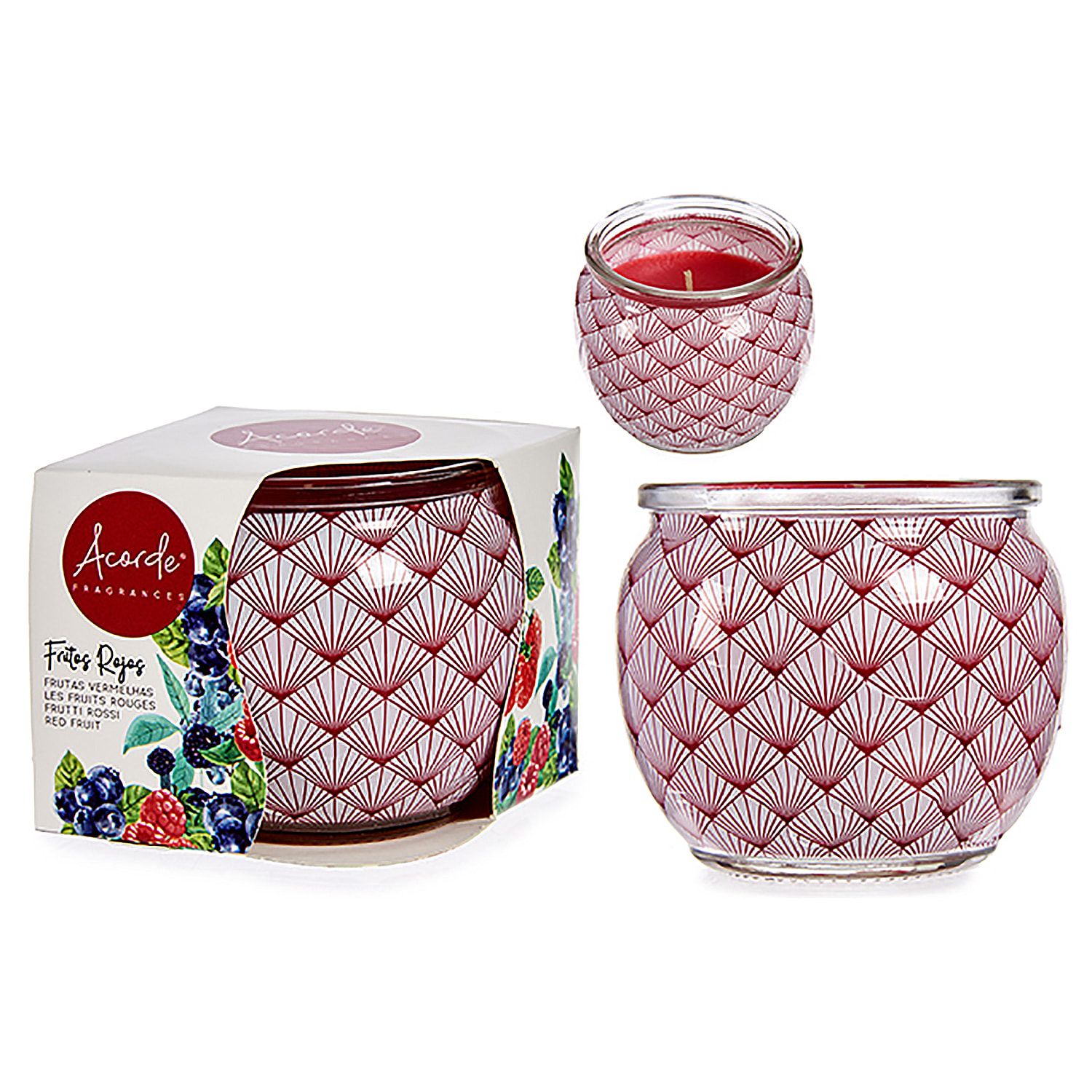 Candela profumata in barattolo di vetro profumo di frutti di bosco.