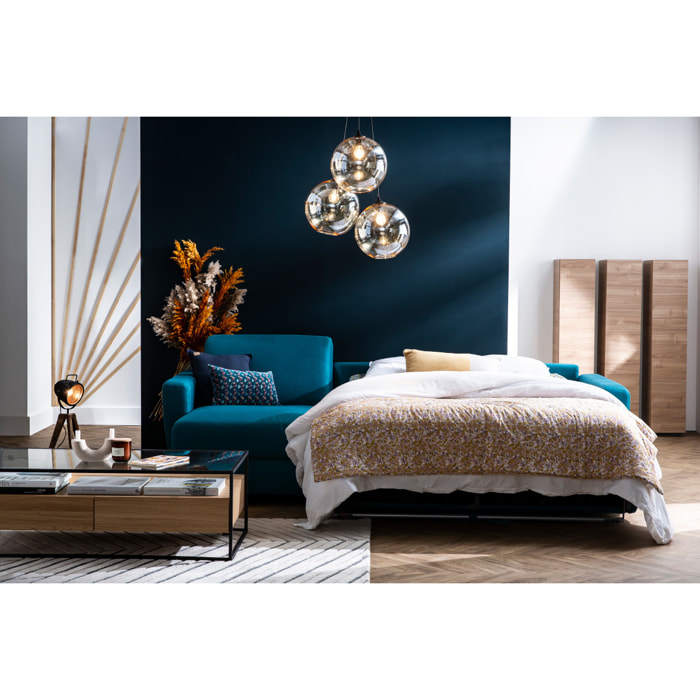 Canapé d'angle convertible réversible avec coffre 4 places en tissu bleu canard et bois clair GRAHAM