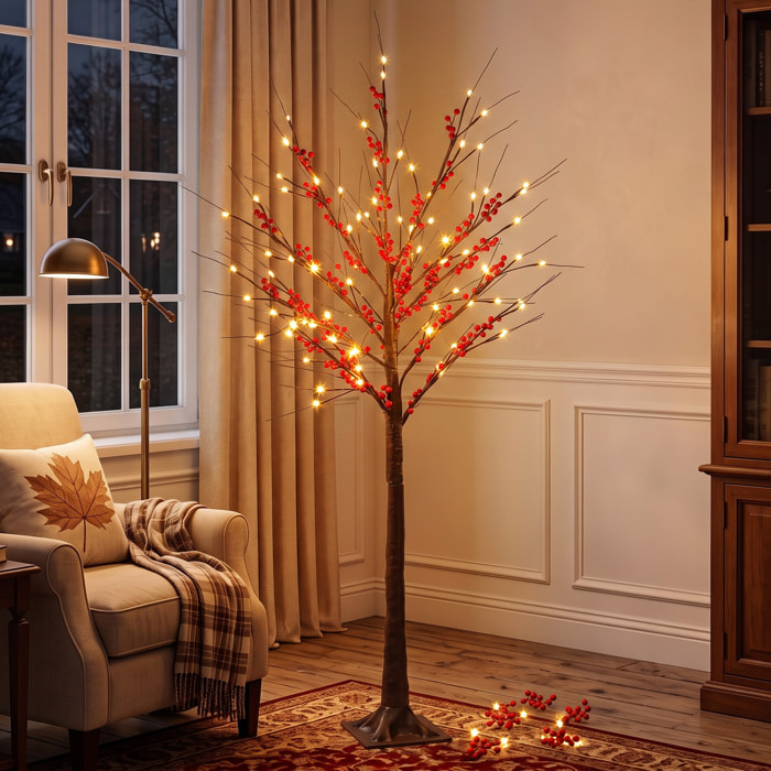 Árbol de Abedul Artificial 150 cm, Lámpara de Árbol con 96 Luces LED Blanco Cálido, Bayas Rojas, Temporizador y 12 Ramas Flexibles, Decoración Navideña para Interior y Exterior Cubierto, Marrón