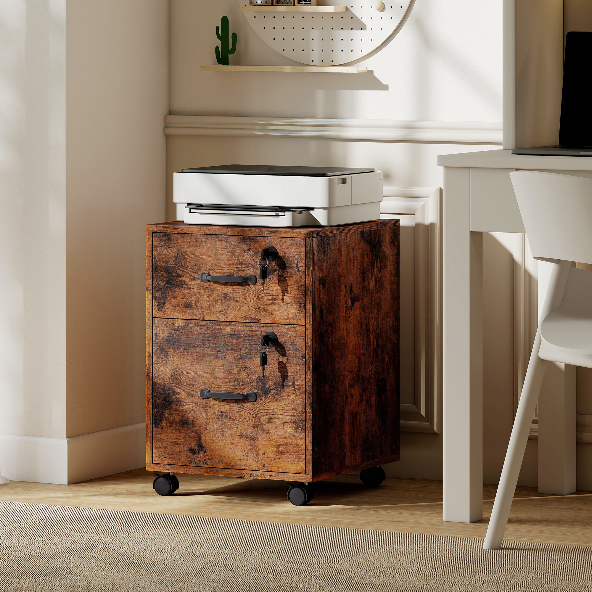 Caisson bureau verrouillable mobile 2 tiroirs coulissants trieur dossiers effet bois