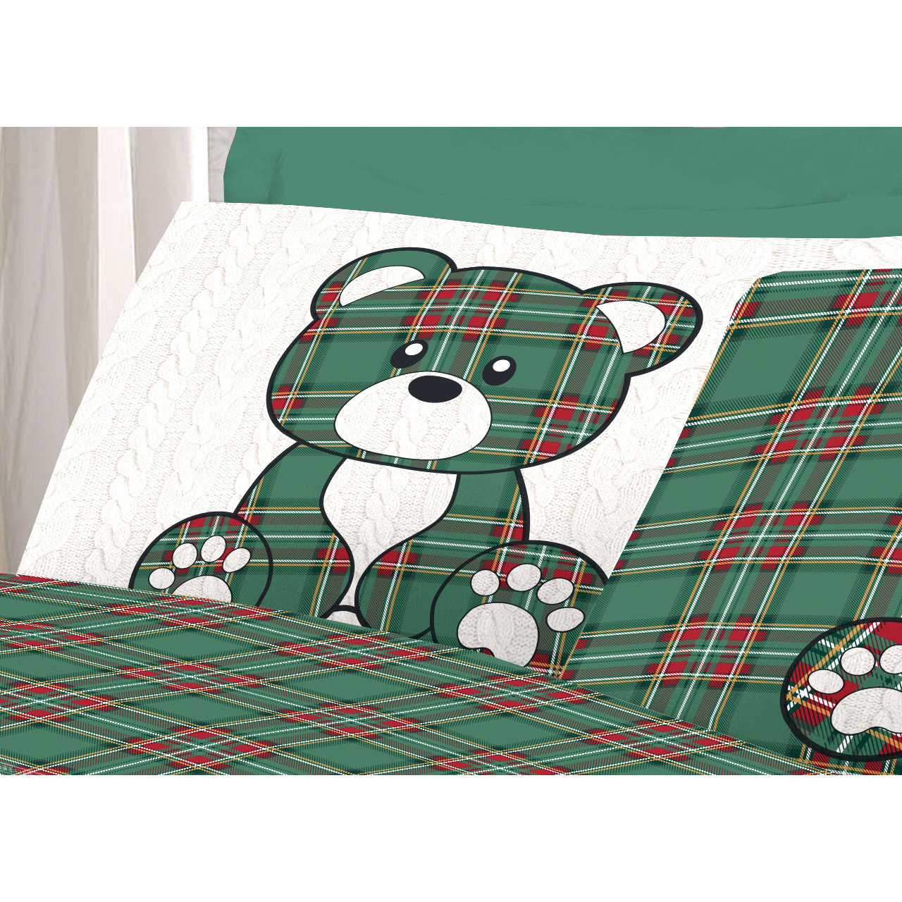 Completo Lenzuola in 100% Cotone Orsetto Tartan Verde