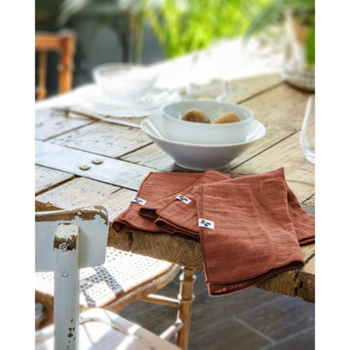 Lot de 3 serviettes de table ''Gaïa'' 40 x 40 cm ''Gaze de Coton'' - Gaïa Terracotta