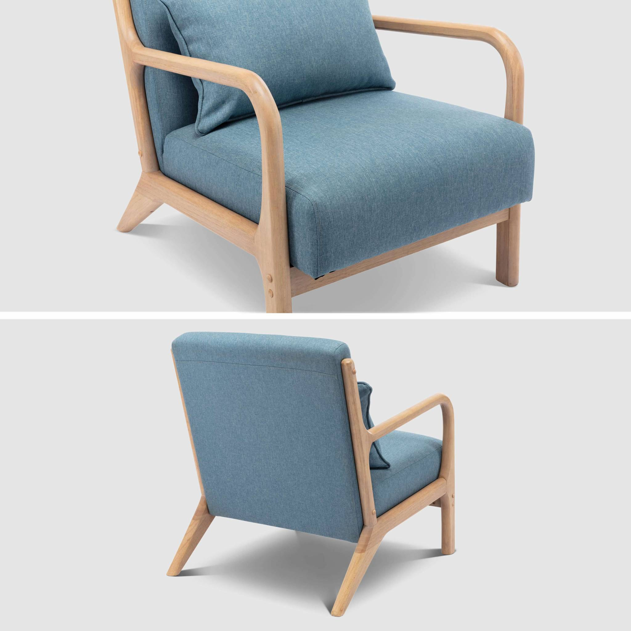 Fauteuil design en bois et tissu. 1 place droit fixe. pieds compas scandinave. assise confortable. structure en bois solide. bleu