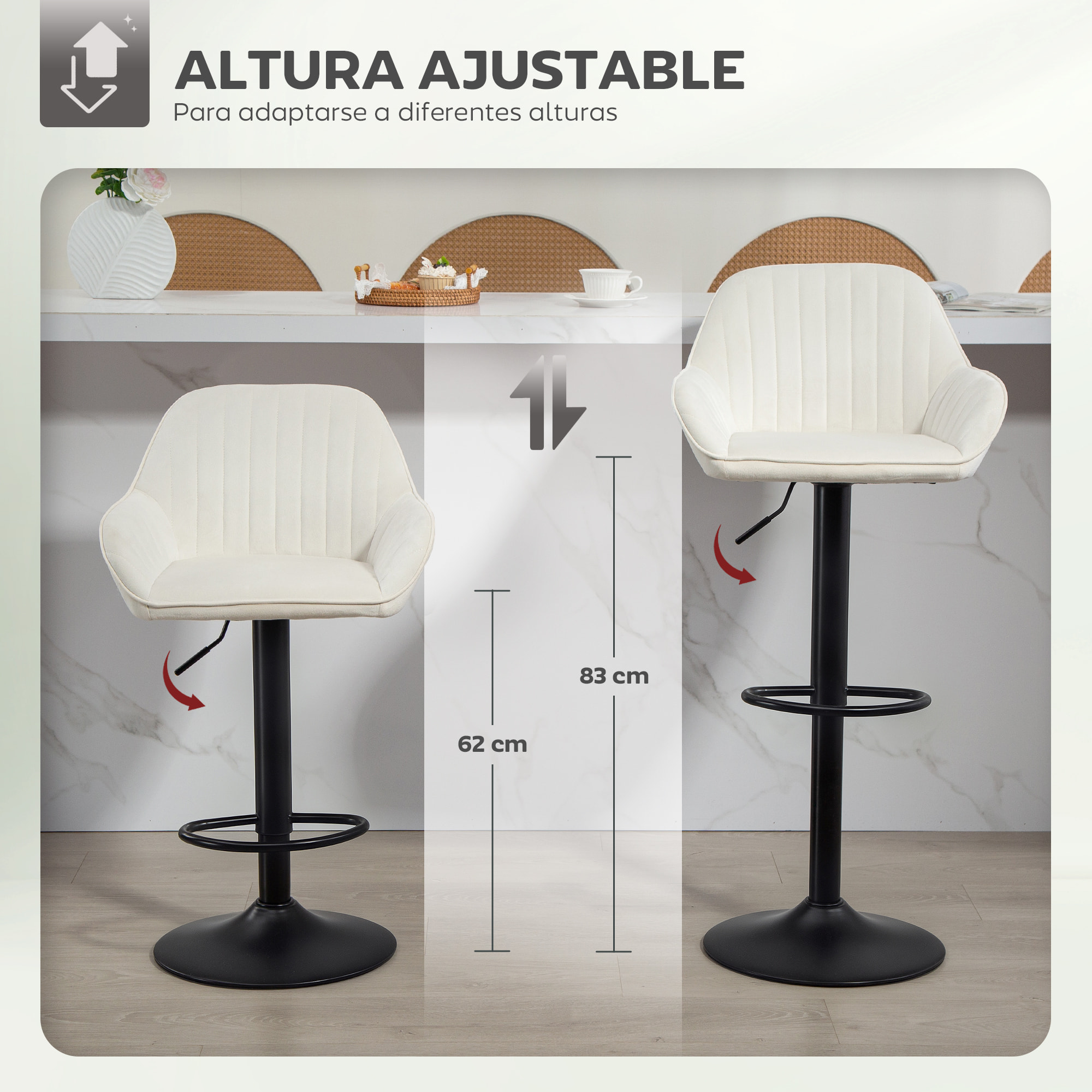Juego de 2 Taburetes de Bar Giratorios, Taburetes Altos de Cocina con Altura Ajustable 62-83 cm, Sillas Altas de Cocina, Tapizada en Terciopelo, Respaldo y Reposapiés, Crema