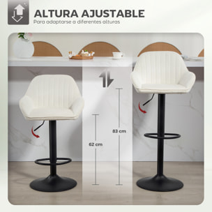 Juego de 2 Taburetes de Bar Giratorios, Taburetes Altos de Cocina con Altura Ajustable 62-83 cm, Sillas Altas de Cocina, Tapizada en Terciopelo, Respaldo y Reposapiés, Crema