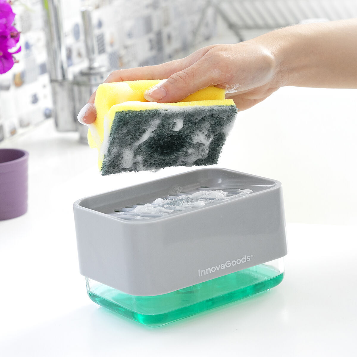 Dispenser di Sapone 2 in 1 per Lavandino Pushoap InnovaGoods