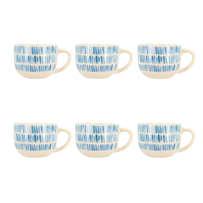 Lot de 6 jumbos 45cl en grès blanc et rayures bleues CORFU