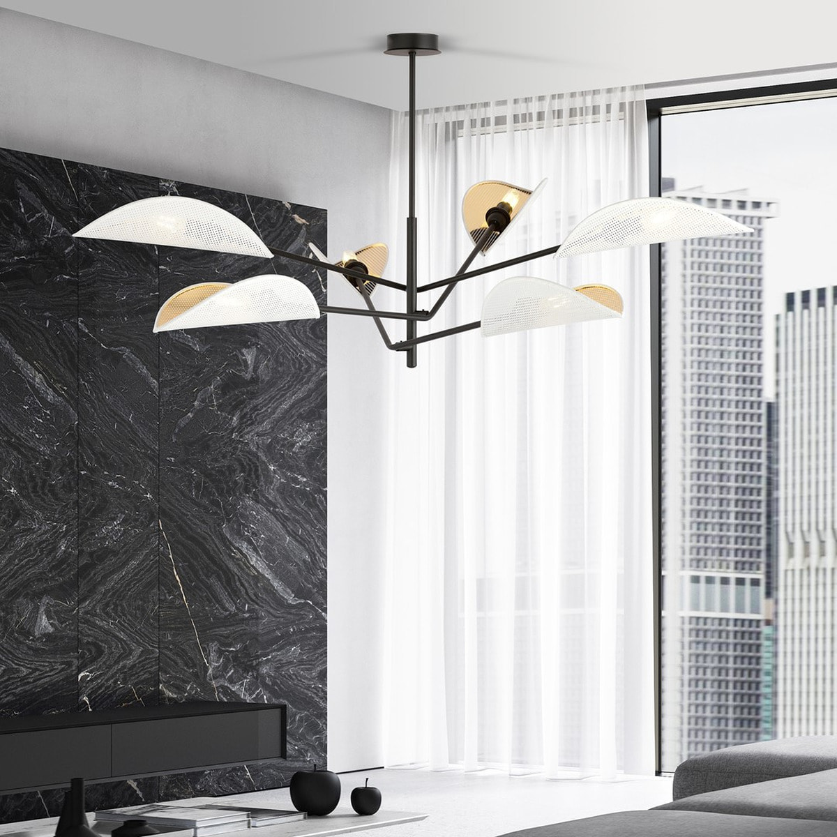Lampada a sospensione VENE in acciaio nero con paralumi bianco e oro