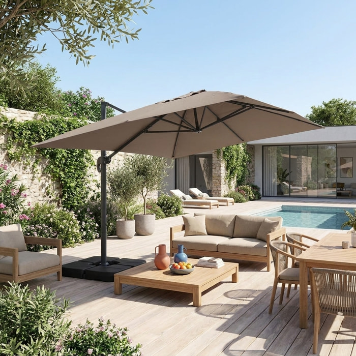 Parasol déporté rectangulaire 3x4m + dalles à lester 50x50cm WIMEREUX + DALLES