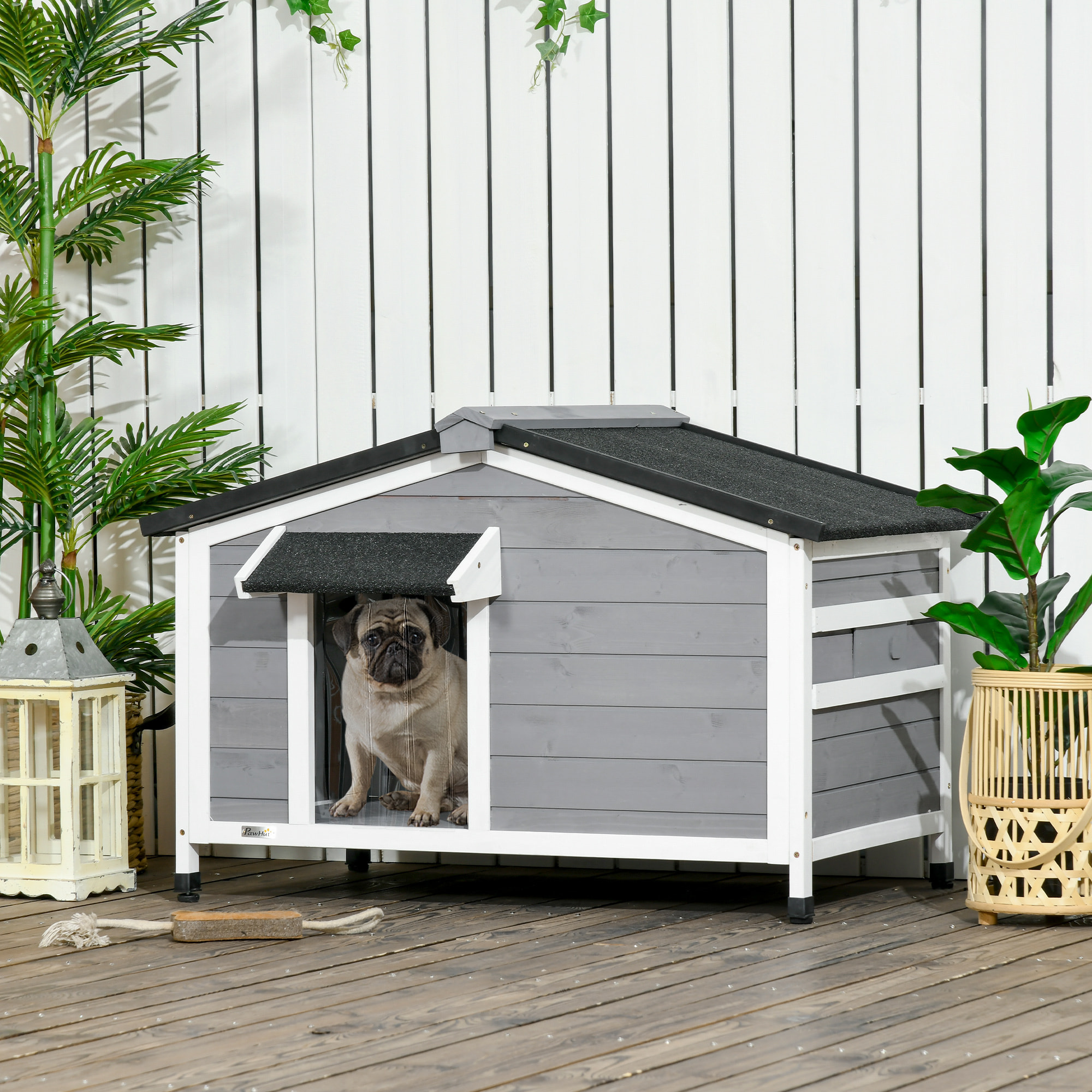 Caseta para Perros de Madera 97x72x65 cm Casita para Mascotas con Techo Asfáltico Abatible 2 Ventanas Puerta con Cortina y Base Extraíble Gris