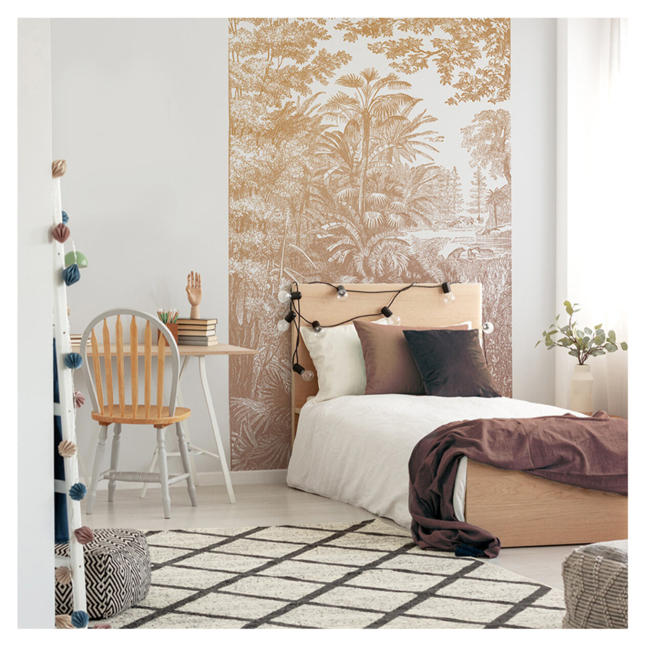 Papier peint panoramique Araucaria - Ocre Rose - Un décor mural de 4 lés (192x270cm), créé et fabriqué en France