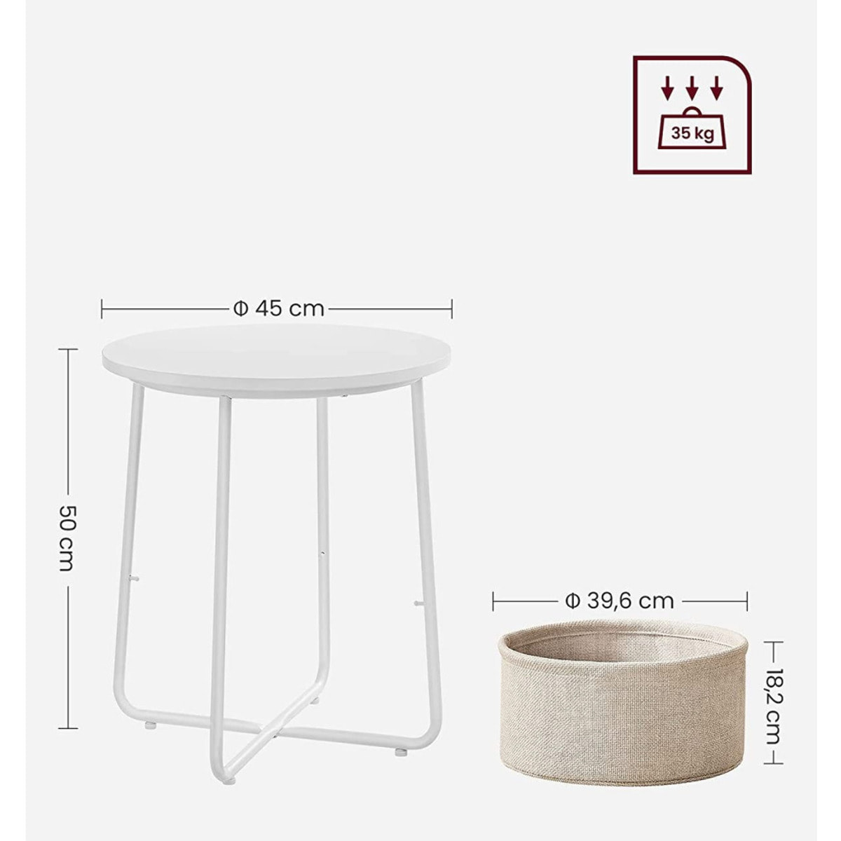 Tavolino da caffè rotondo bianco con cesto portaoggetti beige