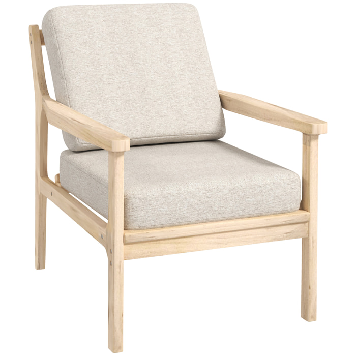 Fauteuil lounge style nordique piètement structure accoudoirs bois naturel épais coussins tissu beige