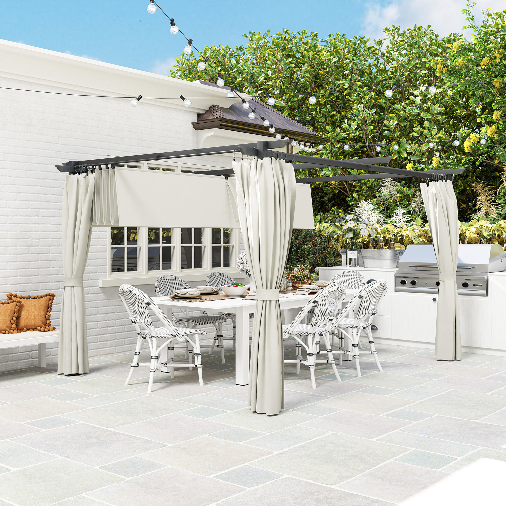 Pergola 3 x 4 m toile toit rétractable 4 rideaux ajustables métal noir polyester haute densité 180g/m² crème
