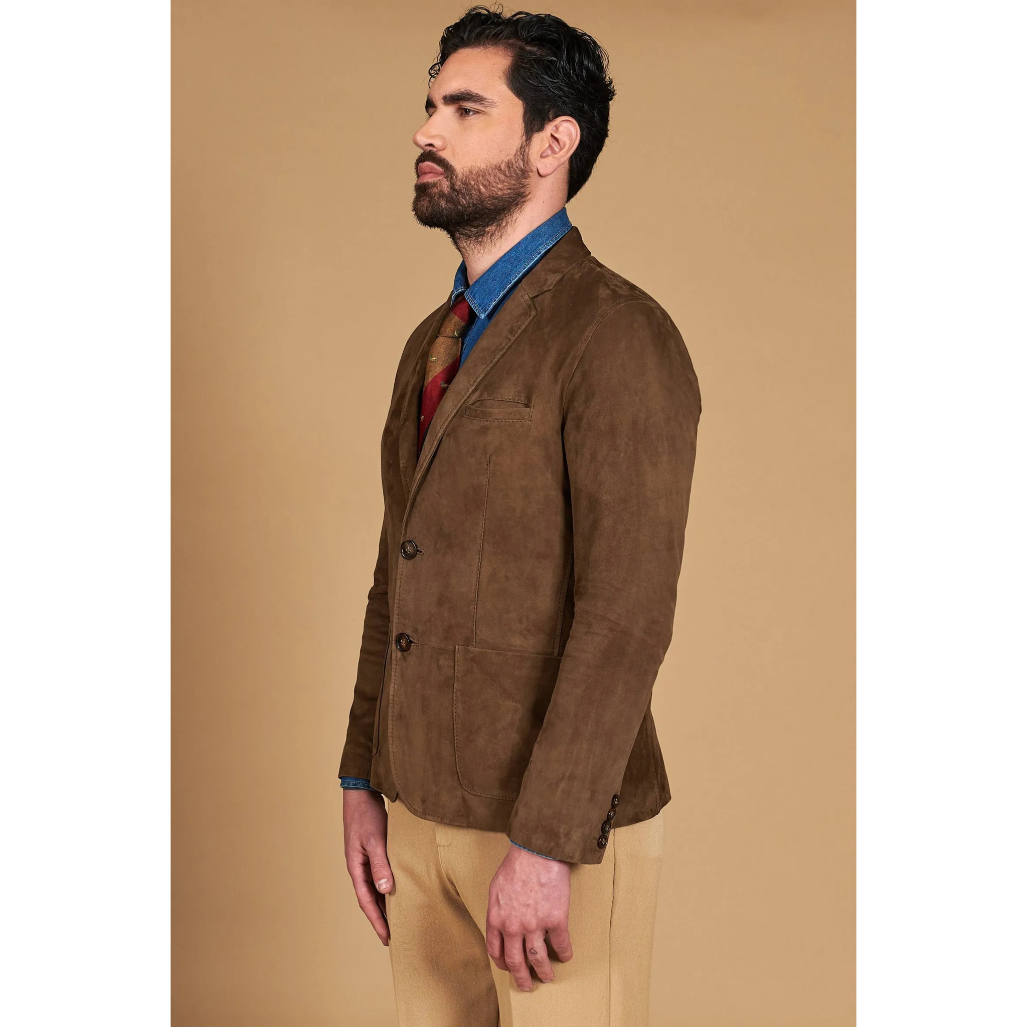 Blazer in pelle scamosciata color fango con due bottoni