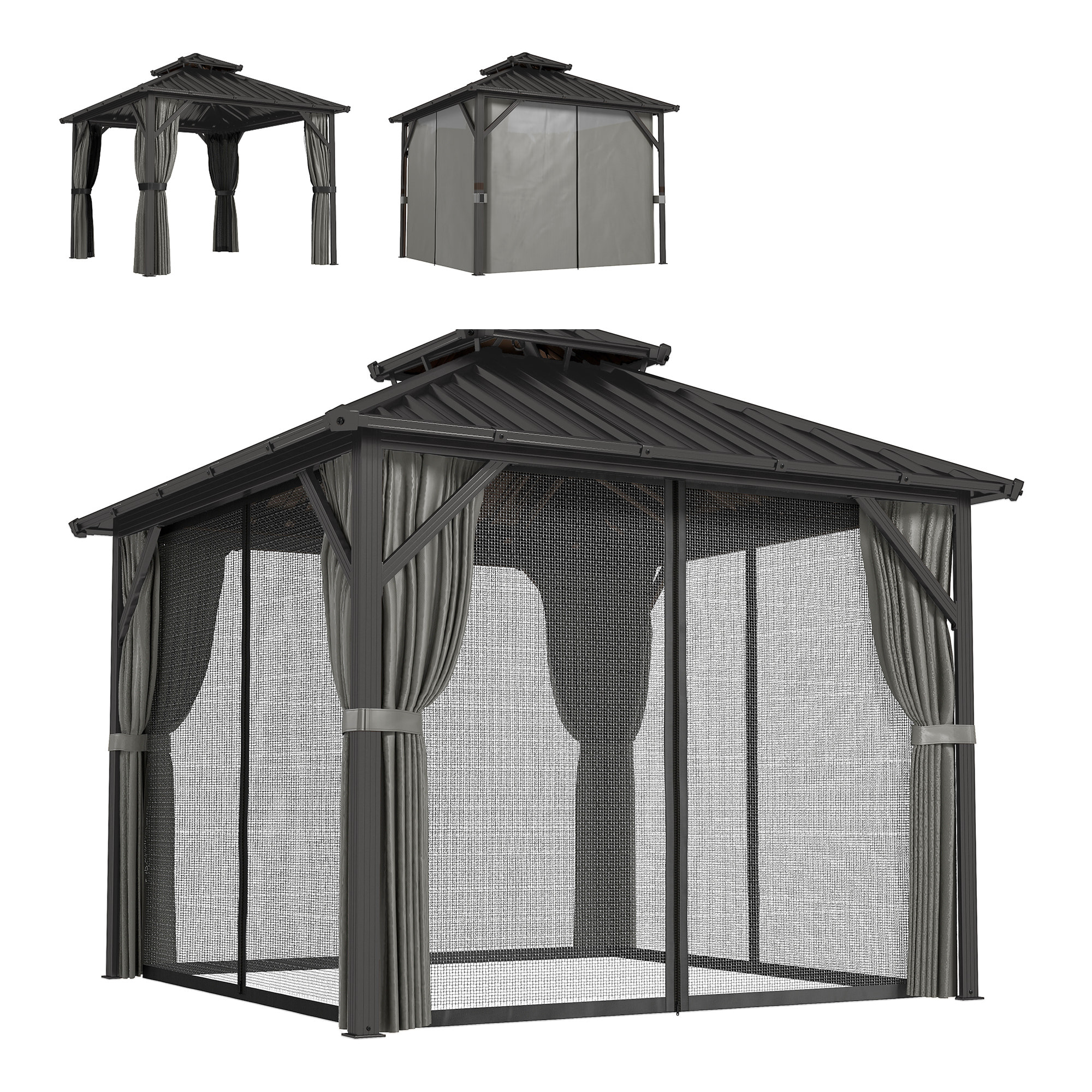 Pavillon de jardin  toit rigide - rideaux et moustiquaire - alu et acier - 3x3m - gris foncé