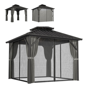 Pavillon de jardin  toit rigide - rideaux et moustiquaire - alu et acier - 3x3m - gris foncé