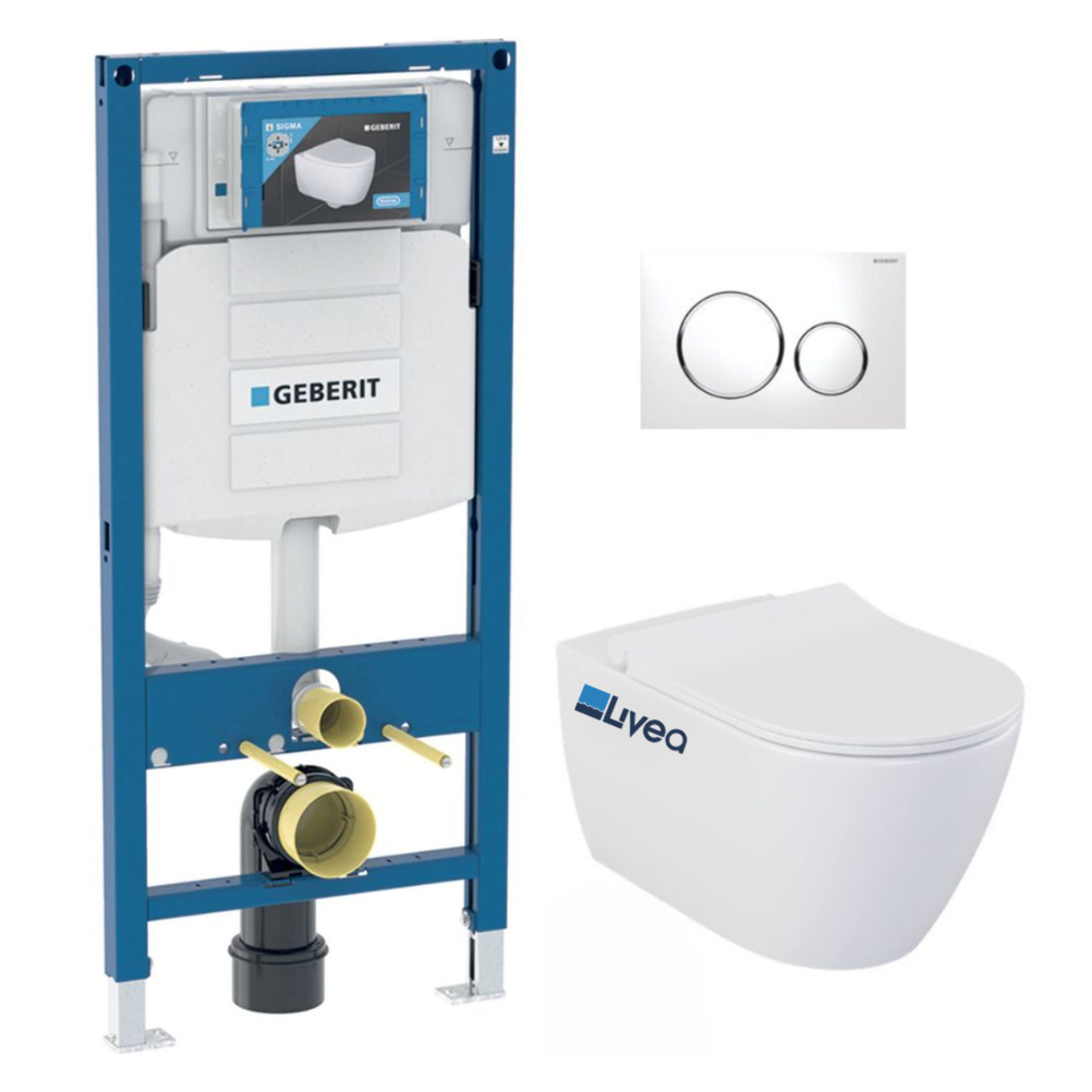 Pack Bati-support Geberit UP320 + WC sans bride Livea Bello + Abattant softclose + Plaque blanc chrome (GebBello-C)