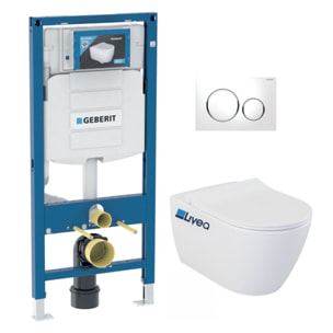 Pack Bati-support Geberit UP320 + WC sans bride Livea Bello + Abattant softclose + Plaque blanc chrome (GebBello-C)