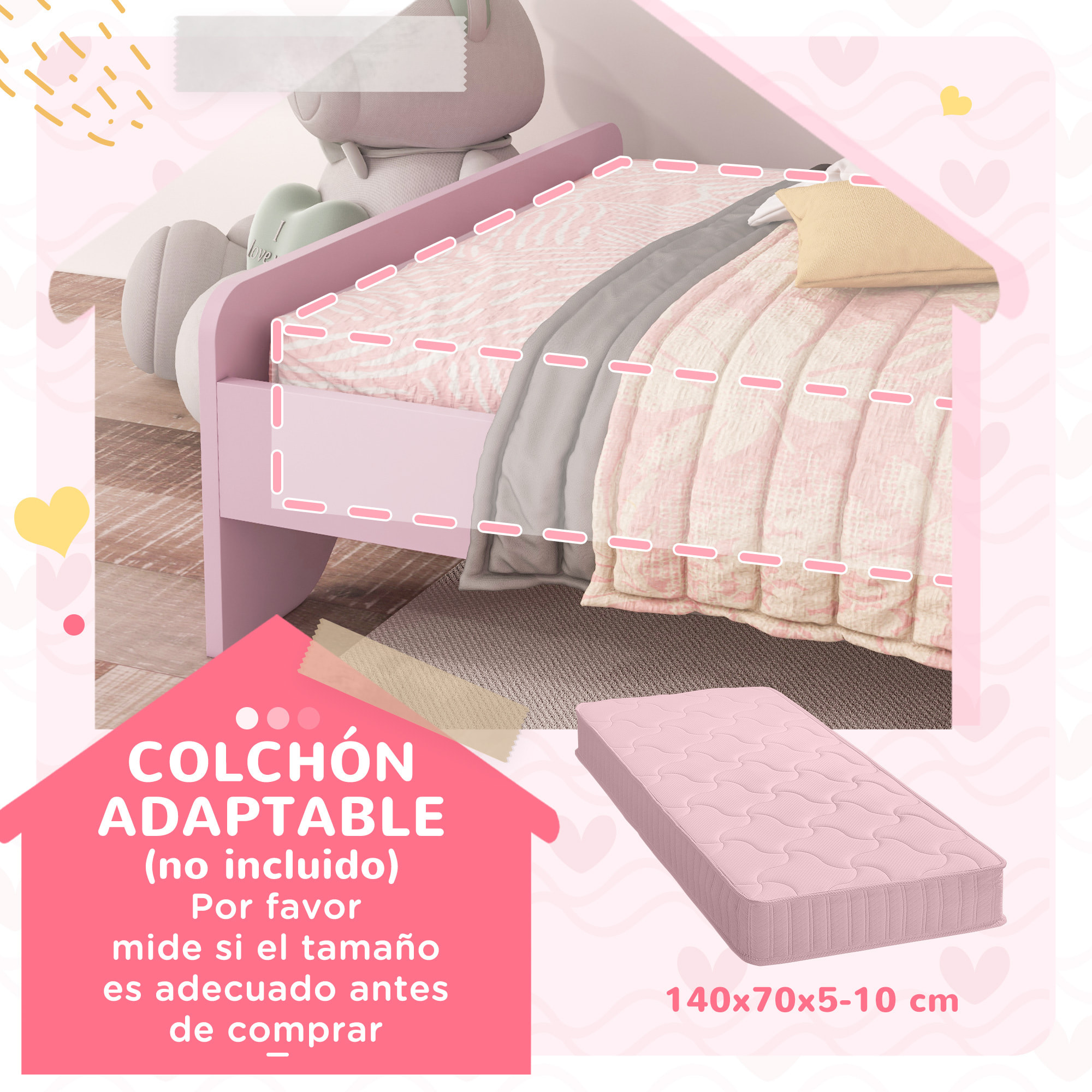 Cama Infantil 70x140 cm, Cama para Niños con Barrera Anticaídas y Somier, Cabecero en Forma de Nube, Rosa