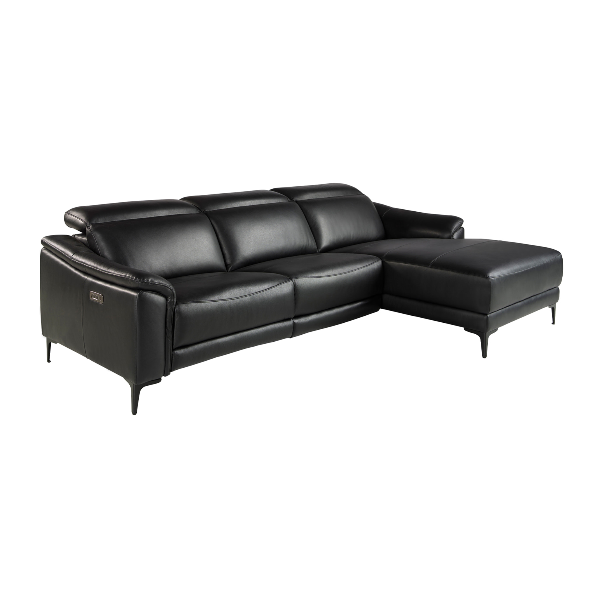 Sofá chaise longue relax derecha de 5 plazas tapizado en piel de vacuno en negro con reposacabezas patas de acero inoxidable en negro mate 272x168x96cm