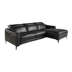 Sofá chaise longue relax derecha de 5 plazas tapizado en piel de vacuno en negro con reposacabezas patas de acero inoxidable en negro mate 272x168x96cm