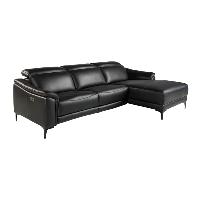 Sofá chaise longue relax derecha de 5 plazas tapizado en piel de vacuno en negro con reposacabezas patas de acero inoxidable en negro mate 272x168x96cm
