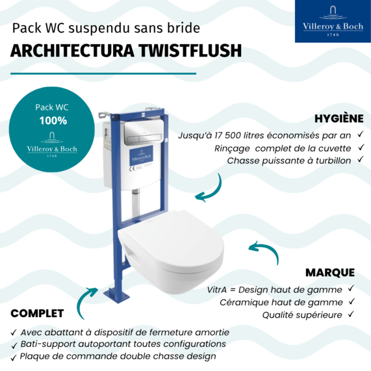 Pack WC suspendu sans bride Villeroy & Boch Architectura Twistflush [e³] rond + bâti-support ViConnect + plaque chrome brillant