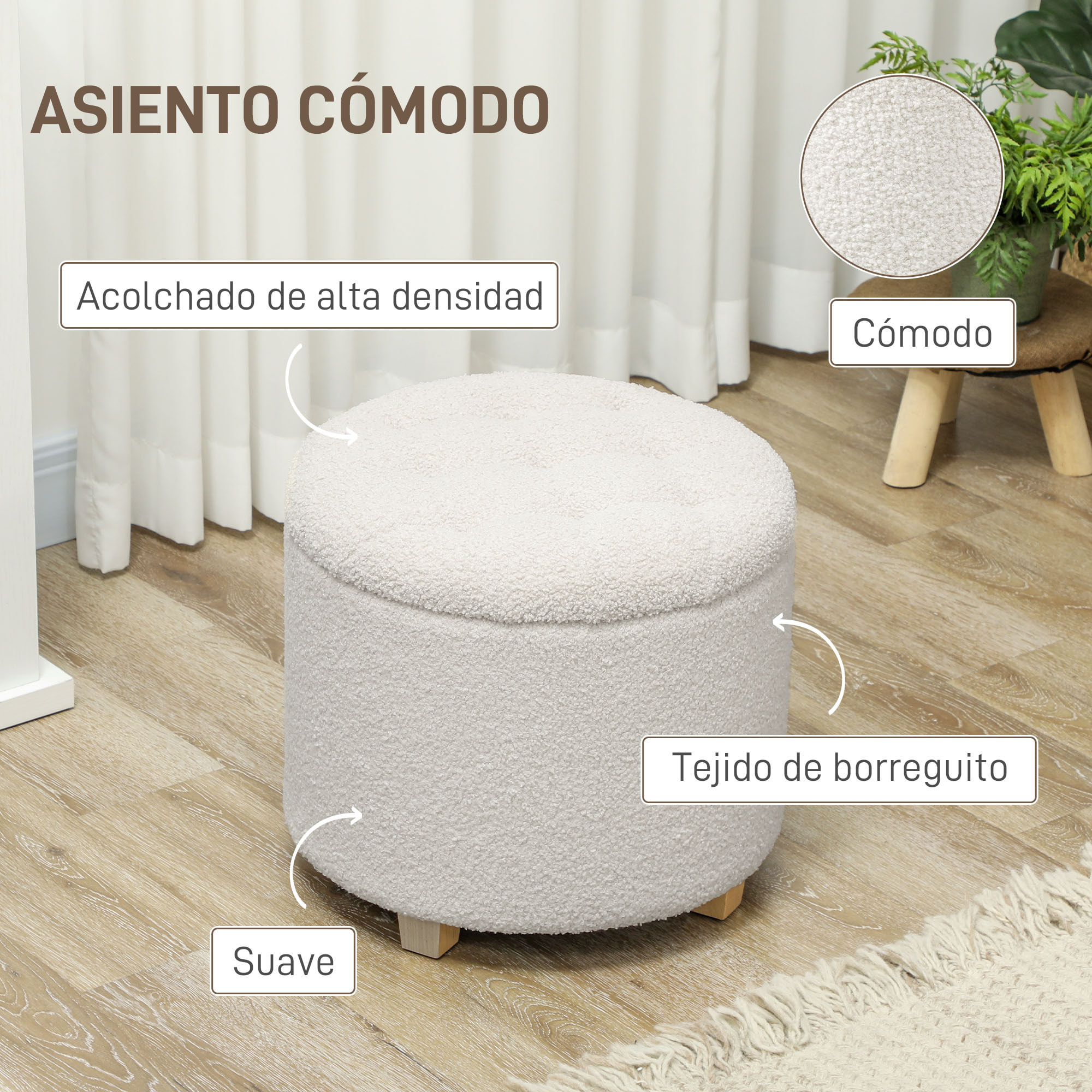 Puff Almacenaje, Baúl de Almacenaje Redondo 40,5L, 45x45x41 cm, Tapizado en Borreguillo, Taburete Reposapiés con Patas de Madera, Asiento Acolchado, para Salón, Dormitorio, Entrada, Blanco