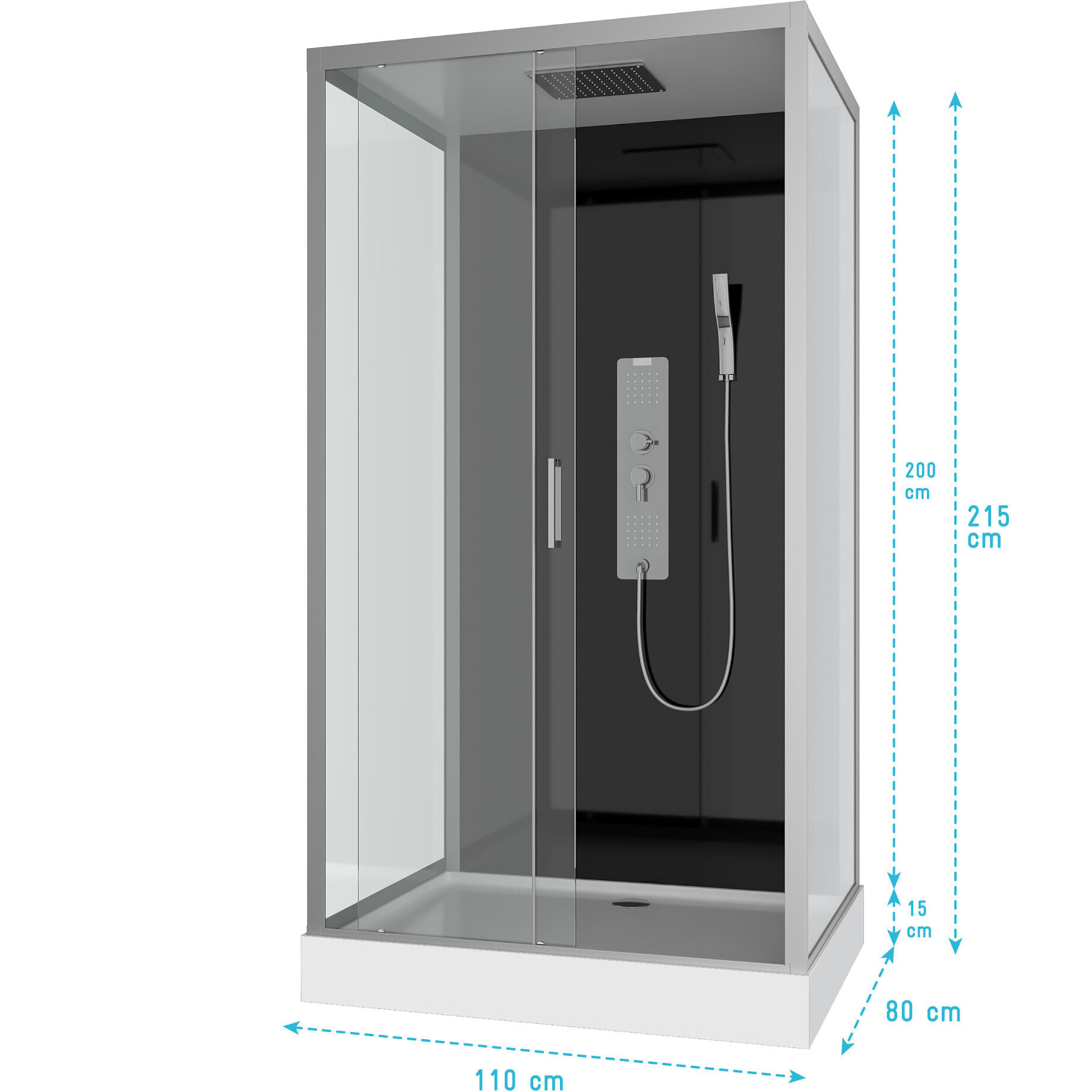 Cabine de douche Hydromassante 110x80x215 cm - Fond Noir et Profilés Gris - BLACK STYLE